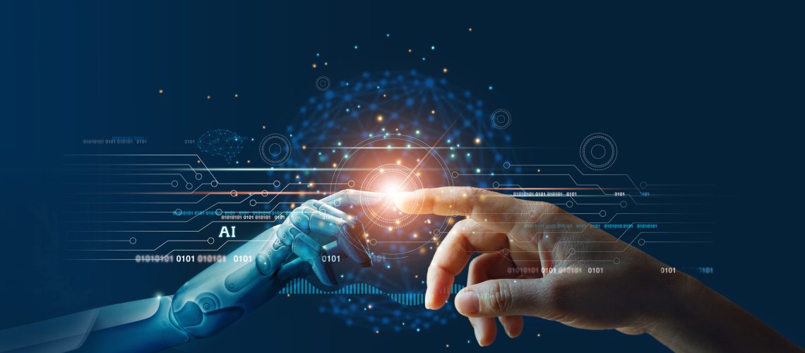 AI, Machine learning, Hands of robot and human touching on big data network connection background, Science and artificial intelligence technology, innovation and futuristic.